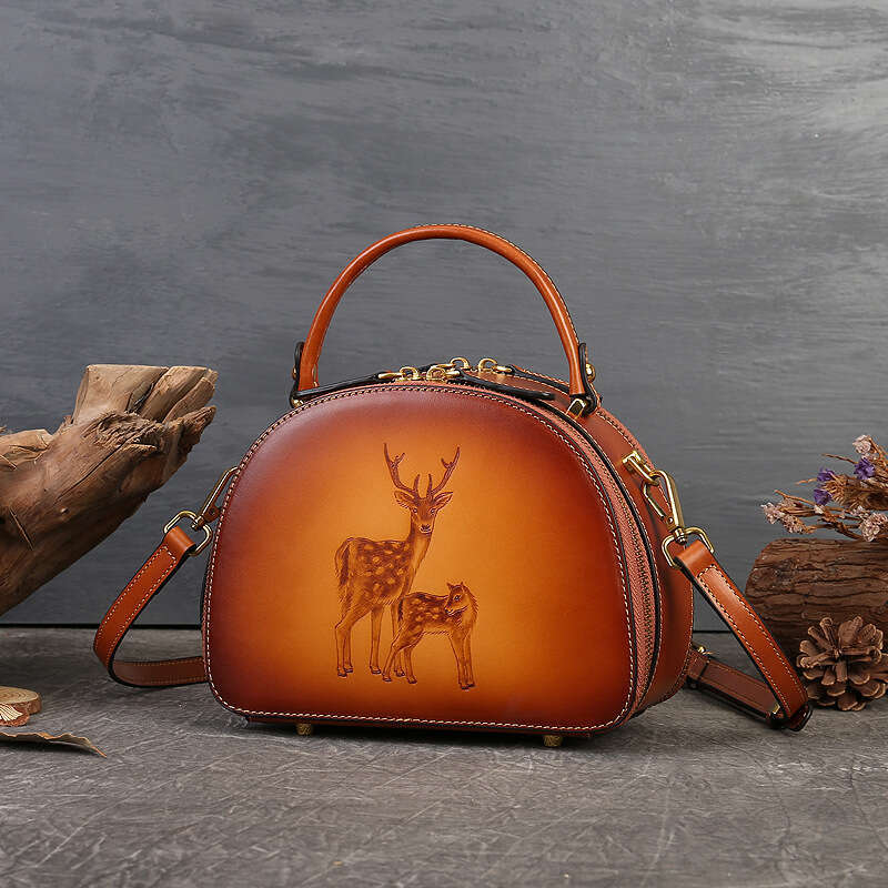 Luxury Vintage Crossbody Women S Bag New Model With Deer Embossed Design Genuine Leather Handbag Top Layer Cowhide Chinese Style Artistic Shoulder Dum