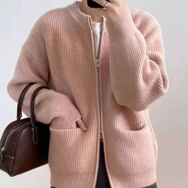 Women's Sweater Jacket Autumn Winter Retro Solid Color Double Zipper Knitted Cardigan Loose O Neck Oversized Sweaters for Women Z260314