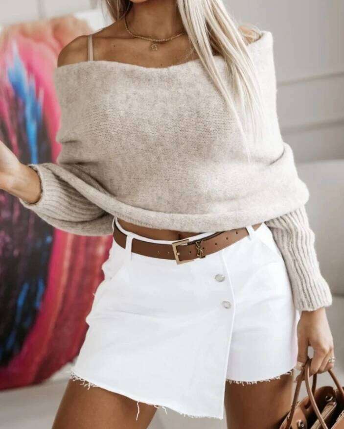 Autumn Lazy Women's Elegant Off Shoulder Cross Knitted Fashion Pullover Casual Outerwear Sweater Z260314