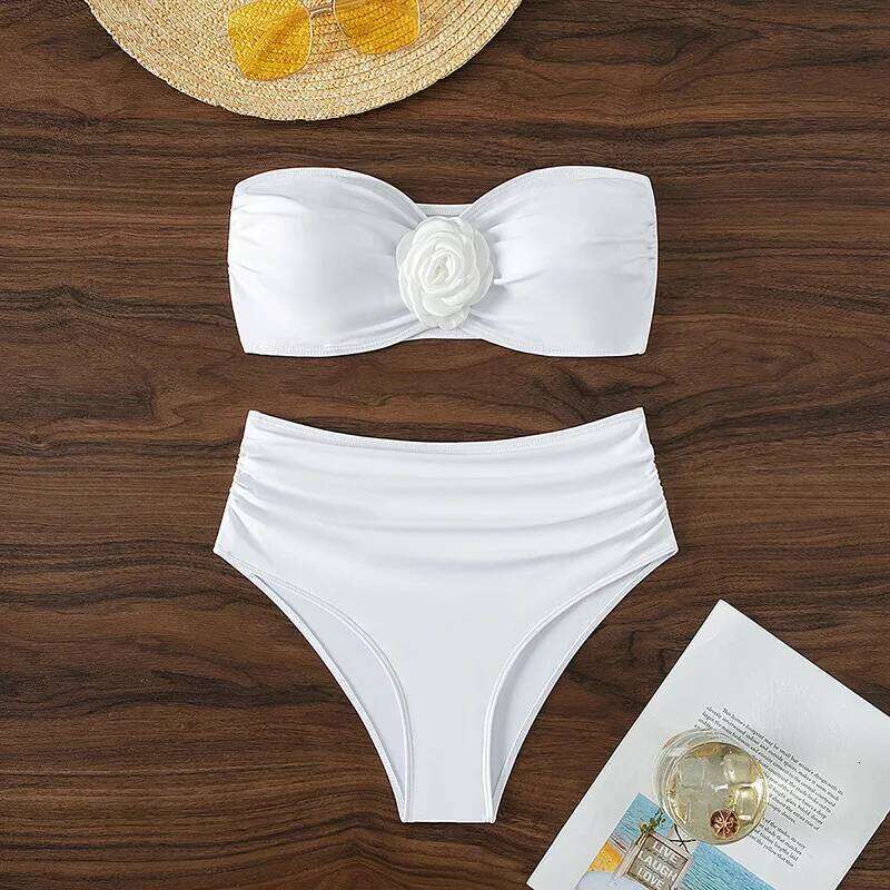 sexy 3D flower white bandeau bikinis sets two pieces high waist swimsuit padded thong swimwear female bathing suit biquini Y260303
