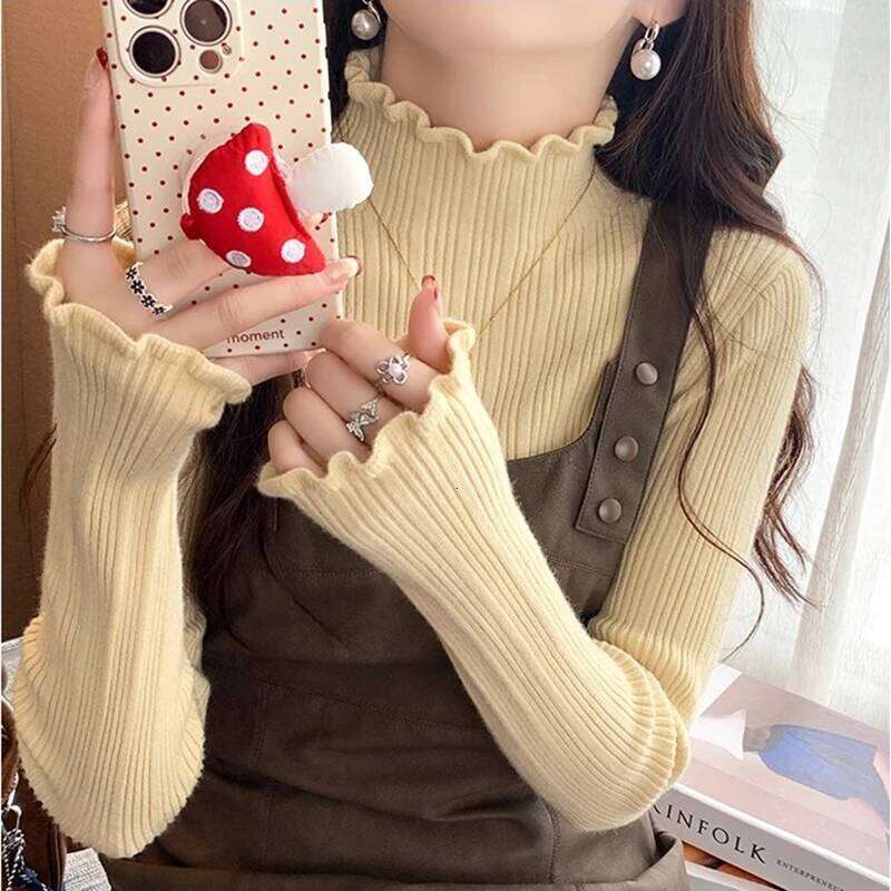 2025 Autumn Winter Women Half Turtleneck Fashion Wooden Ear Pullover Knitted Tops Long Sleeve O Neck Slim Warm Sweater Female Z260314