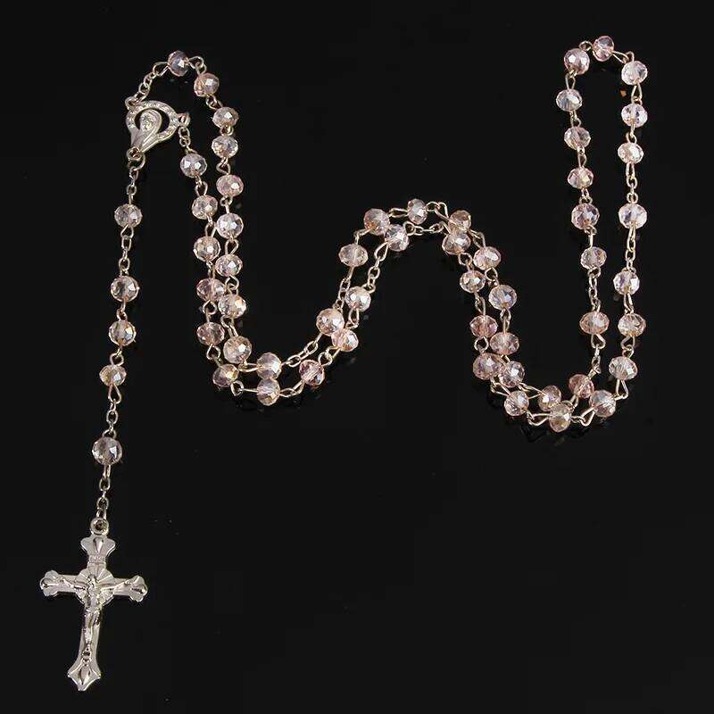 Classic 6mm Rosary Catholic Holy Site Cross Pray Necklace, Fashion Crystal Rose Necklace H260312