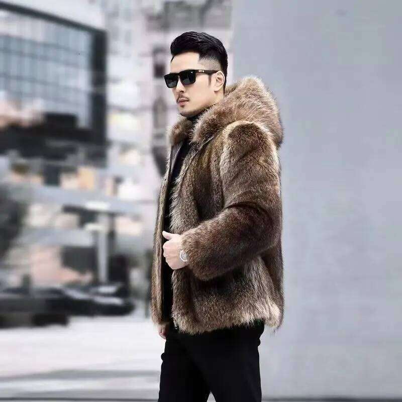 Men Autumn Winter Raccoon Light Luxury Hooded Fur Fashion Thickened Business Casual Coat Comfortable Warm Soft Z260313