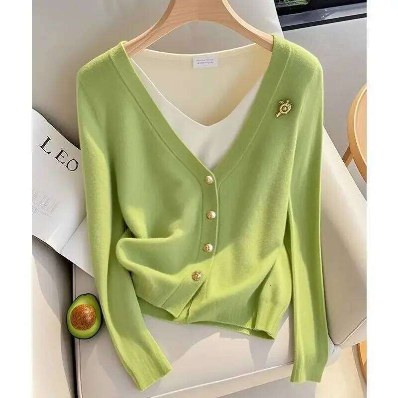 2024 Autumn New Fake Two Pieces Knitting Cardigan Interior Lapping Bottoming Shirt Ladies Simplicity Patchwork V-neck Sweater Z260313