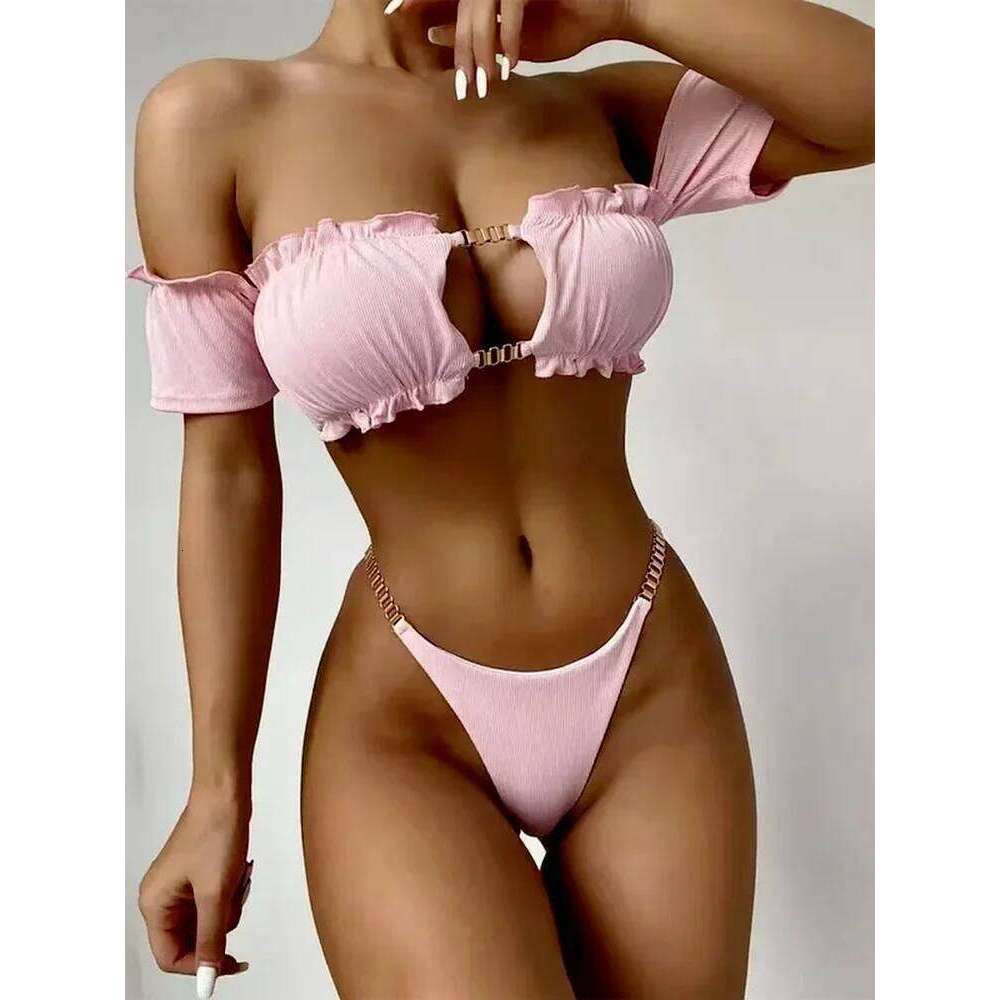 Sexy Solid Bikinis 2024 Women Off Shoulder Hollow Out Thong Swimsuit Brazilian Bathing Suit Ruffle Push UP Swimwear Biquini Swim Y260303