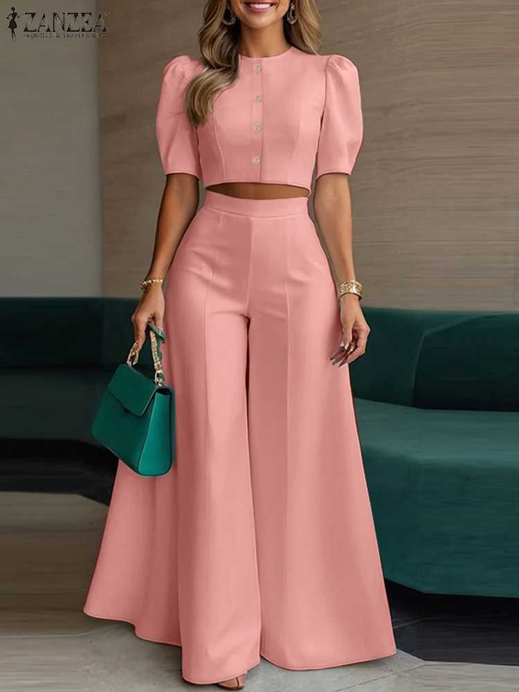 ZANZEA Short Puff Sleeve Crop Tops Stylish 2 Piece Sets Street Fashion Office Wide Leg Pants Woman 2PCS Outfit Elegant Pant Sets M260313