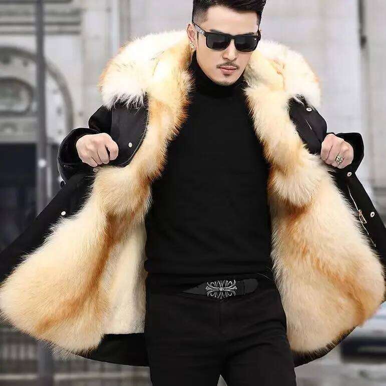 New imitation grass oversized plush men's coat, medium length autumn and winter warmth, overcoming fox fur pie Z260313