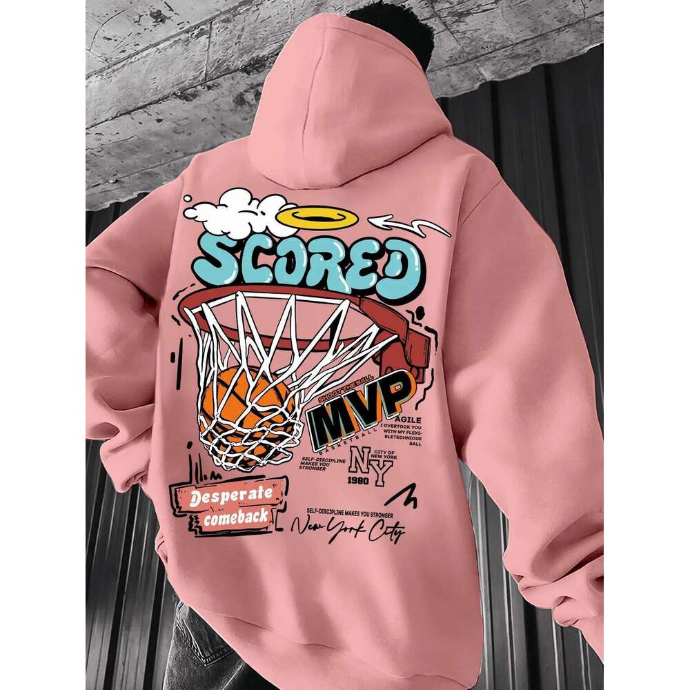 Casual MVP Basketball Graphic Hoodie for Men - Knitted Fabric Regular Fit with Slight Stretch Z260314