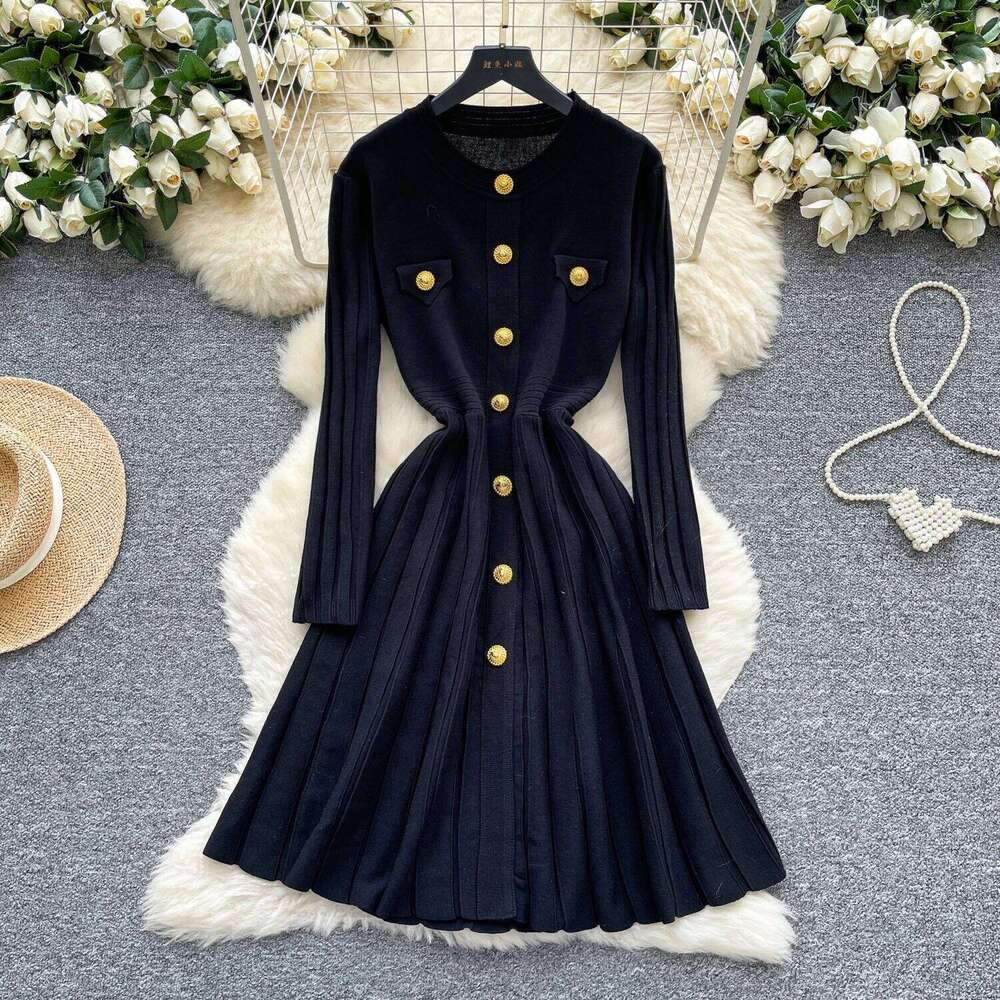 REALEFT Autumn Winter High Waist Knitted Umbrella A-line Dresses 2025 New Buttons O-neck Long Sleeve Loose Sweater Dress Female Z260314