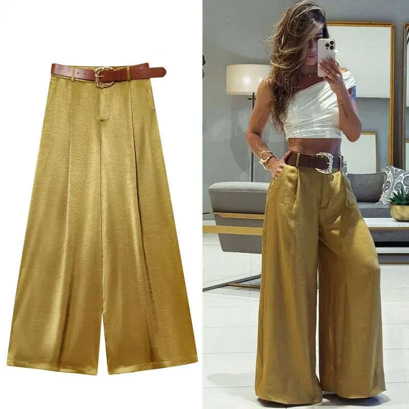 Womens Pants Slip Satin Baggy Belt Y2k Street Wear Wide Woman Chic Clothing Casual Long Style Trousers Z260314