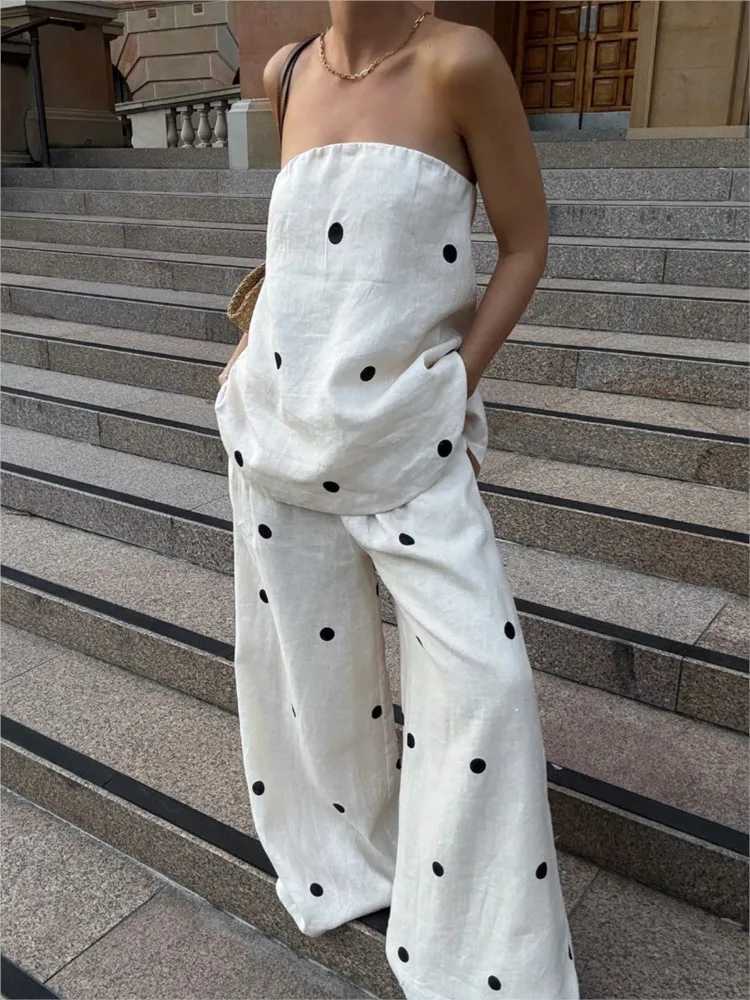Women Fashion Backless Polka Dot Tops Pants Sets Loose Strapless Back Split Vest Pocket Wide Leg Pant 2025 Lady Vacation Outfits M260313