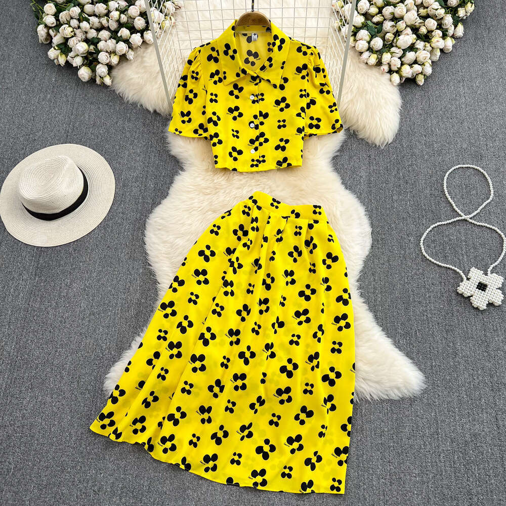Women's Fashion Set Bubble Sleeve Top Short Sleeve Two Piece Set High Waist Printed A-line Skirt 2026