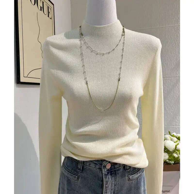 Women's Pullover Half Turtleneck Long-sleeved Sweater Bottoming Autumn and Winter Solid Color Top Z260313