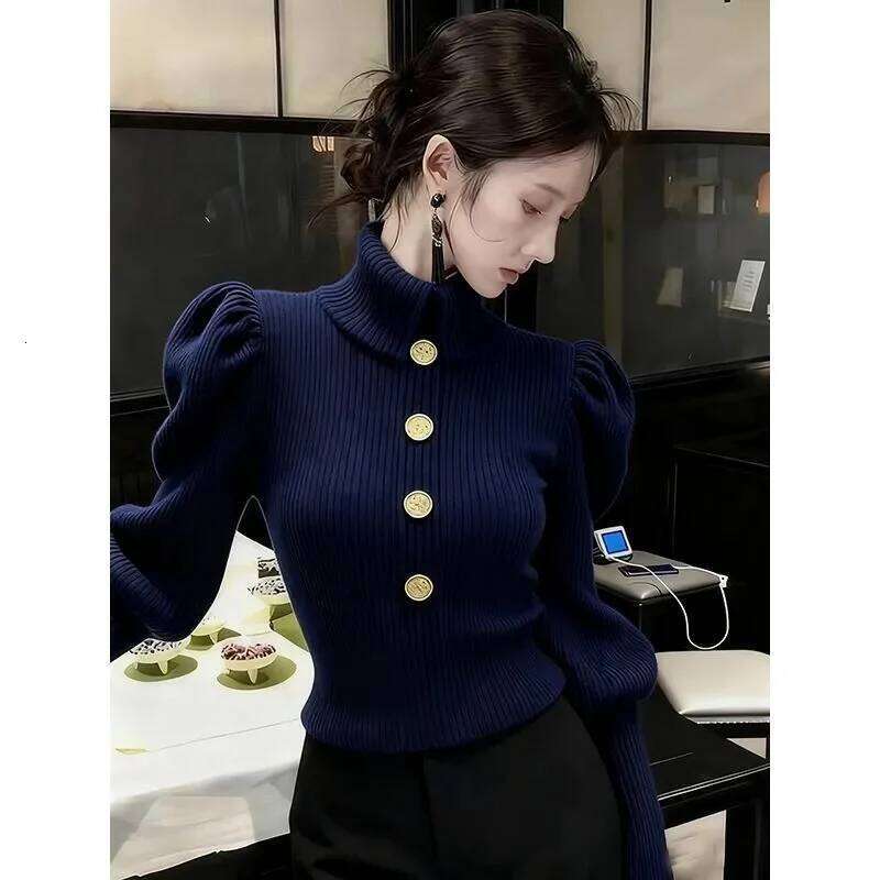 Autumn Winter Fashionable Buttons Solid Color Pullovers Ladies Temperament Slim Knitting Long Sleeve Turtleneck Sweater Top Tee Z260314