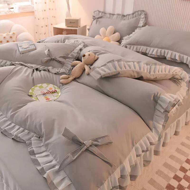 Girls Bedding Sets Kawaii Seersucker Bed Sheet Pillowcase Fashion Princess Duvet Cover Solid Color 4 Pieces Cute Home Decoration H260312 - view 7