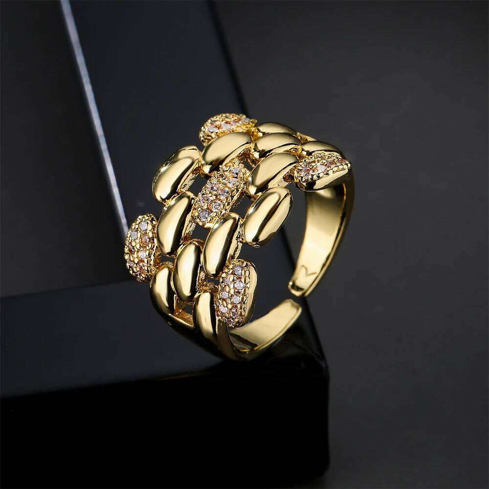NEWBUY Trendy Gold Color Copper Geometric Jewelry AAA Cubic Zirconia Wedding Ring For Elegant Women Engagement Gift H260312