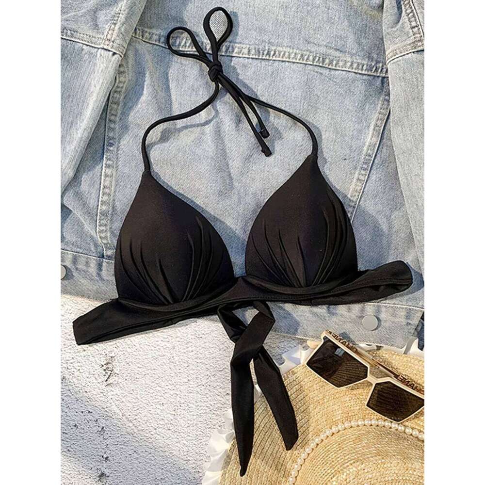 XS - XL Sexy 2025 Push Up Bra Cup Halter Bikini Female Swimsuit Women Swimwear Bather Bathing Suit Swim Solid Beach wear Top Y260303