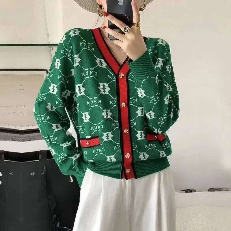 Autumn Winter V-Neck Geometric Women's Clothing Cardigan Sweater Knitted Button Lantern Long Sleeve Coats Contrast Color Tops Z260313