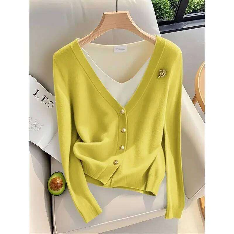 2024 Autumn New Fake Two Pieces Knitting Cardigan Interior Lapping Bottoming Shirt Ladies Simplicity Patchwork V-neck Sweater Z260313