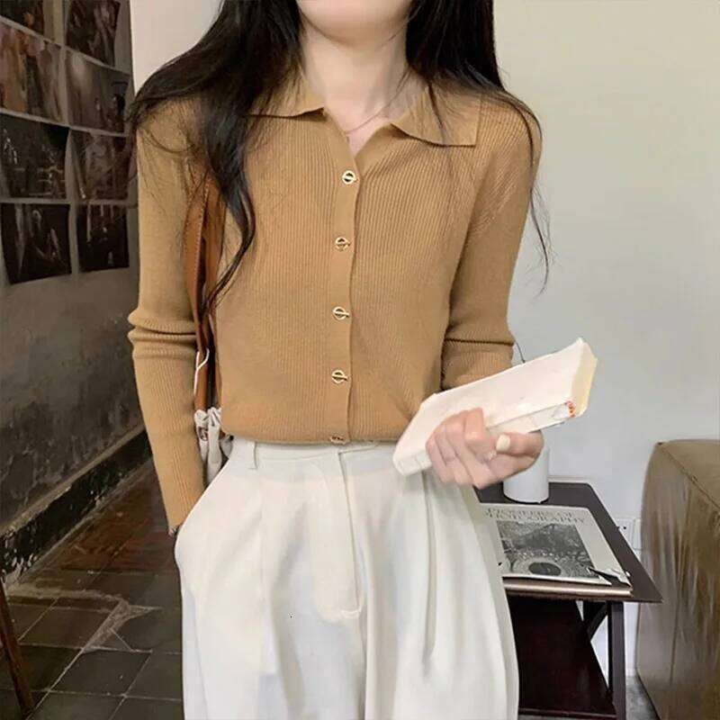 Autumn Fashion Solid Knit Cardigan Women Clothing Chic Turn-down Collar Long Sleeve Sweater All-match Elegant Button Top Z260313