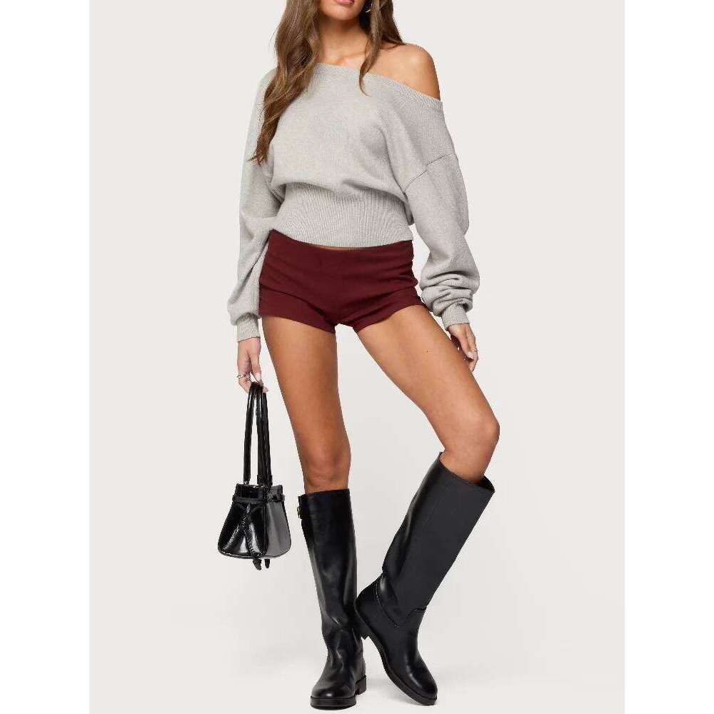 Chic Slim Fit Knit Pullover Sexy Solid High Waist Soft Sweater Low Neck Crop Sweatsuit 2025 New Lady Autumn Streetwears Z260313