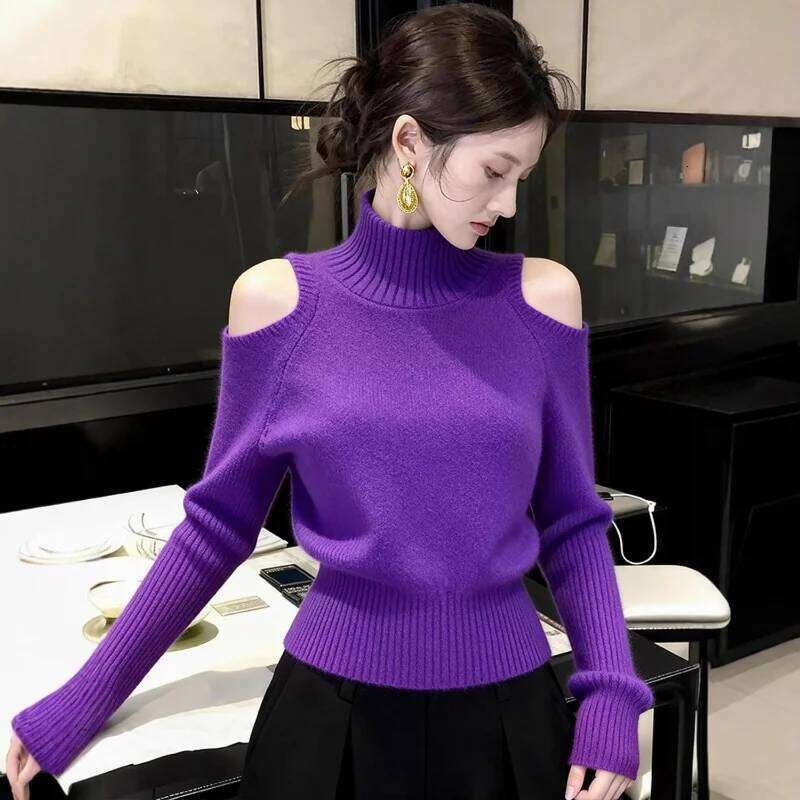 Red Off Shoulder Turtleneck Sweater Women Autumn Winter Lazy High End Sense Top Unique Stylish Knit Base Shirt Z260313