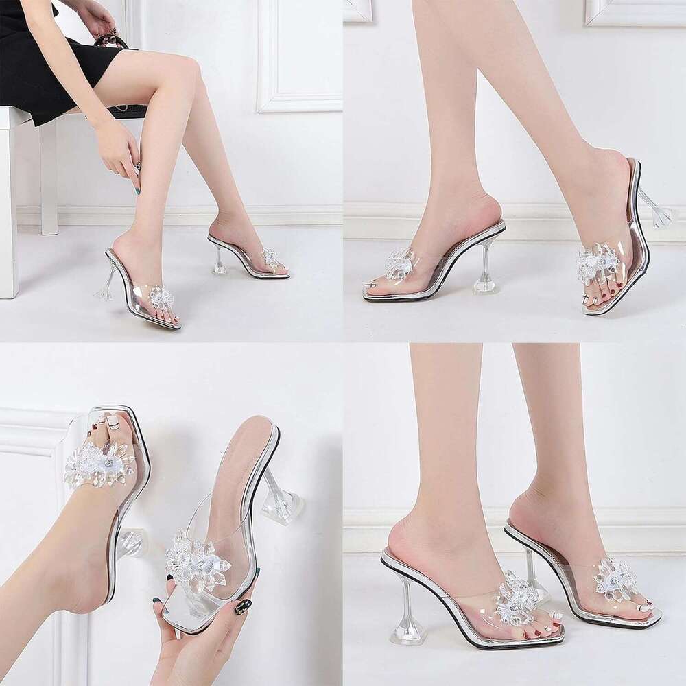 Women S Clear Flower Crystal Stiletto Fashion Comfortable Square Open Toe Summer Slip On Wine Glasses Heel Dress Slides Sandals For Formal Wedding Par