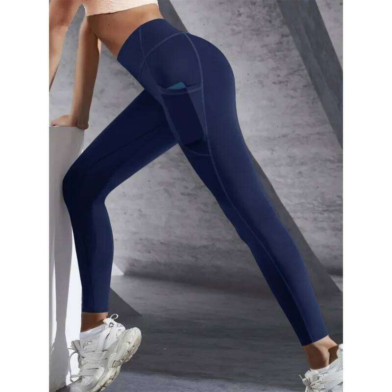 New High Waist Women's Leggings Stretch Yoga Tights With Pockets Push Up Fitness Running Sportswear Solid Color Pants 26Y0313
