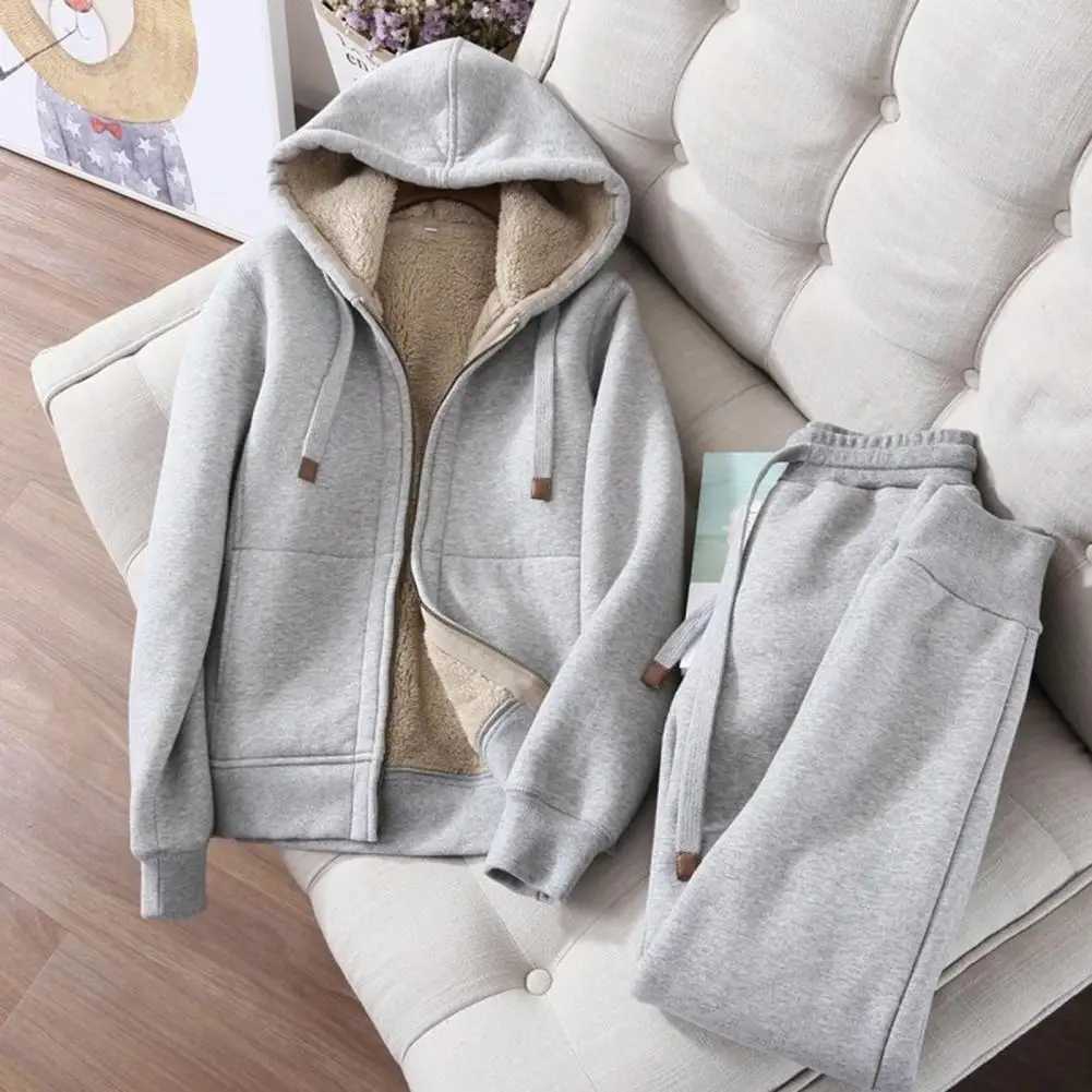 Womens Sweatshirt Pants Suit Autumn and Winter Warm Long-sleeved Fleece Thick Hoodie Coat Jogger Pants Sportswear Two-piece Set M260313