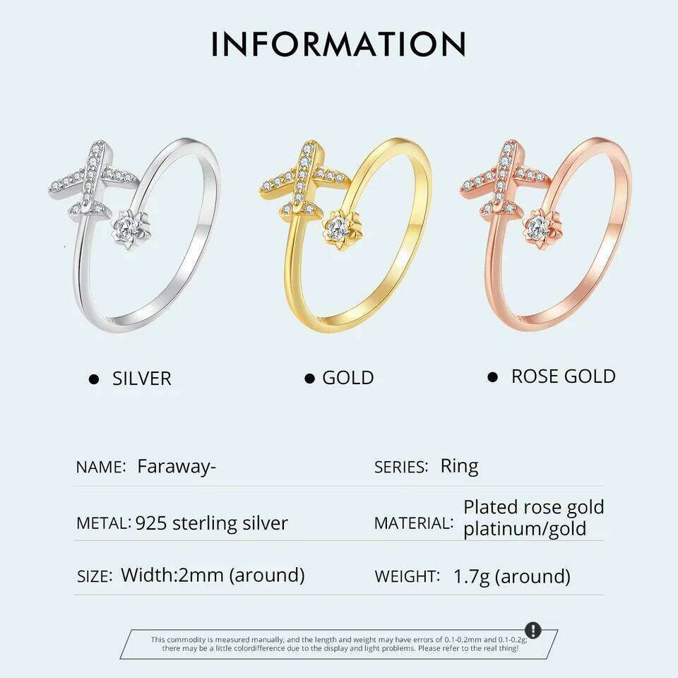 WOSTU 925 Sterling Silver Rose 18K Gold aircraft Opening Rings For Women Delicate Zircon Airplane Ring Party Jewelry Gift H260312