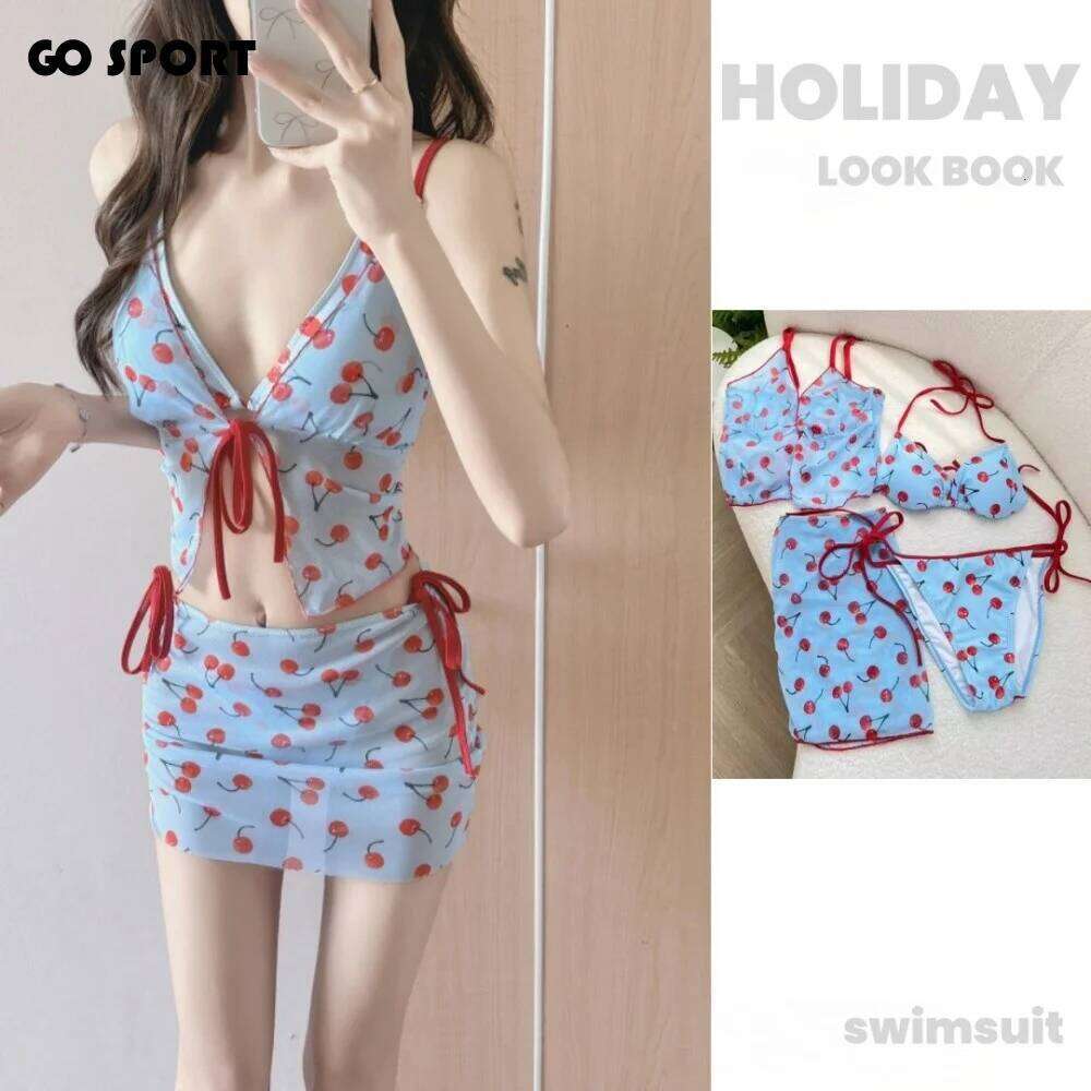 Desire Pure Color Cherry Bikini Set Push V Neck Sexy Swimwear Wrap Skirt Mesh Lace Up Beach Swimsuit Korean Style 26H0313