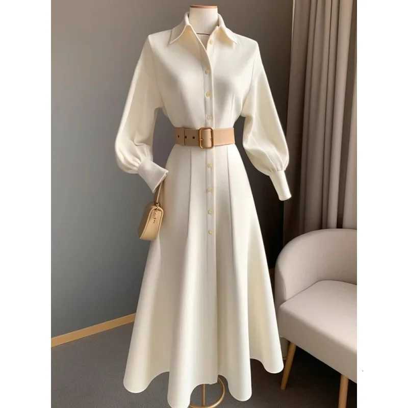 Fashionable Commuting White Dress Korean Style Fall/Winter New Waist-Fitted Slimming Shirt A- Line Skirt Clean ChicT260314