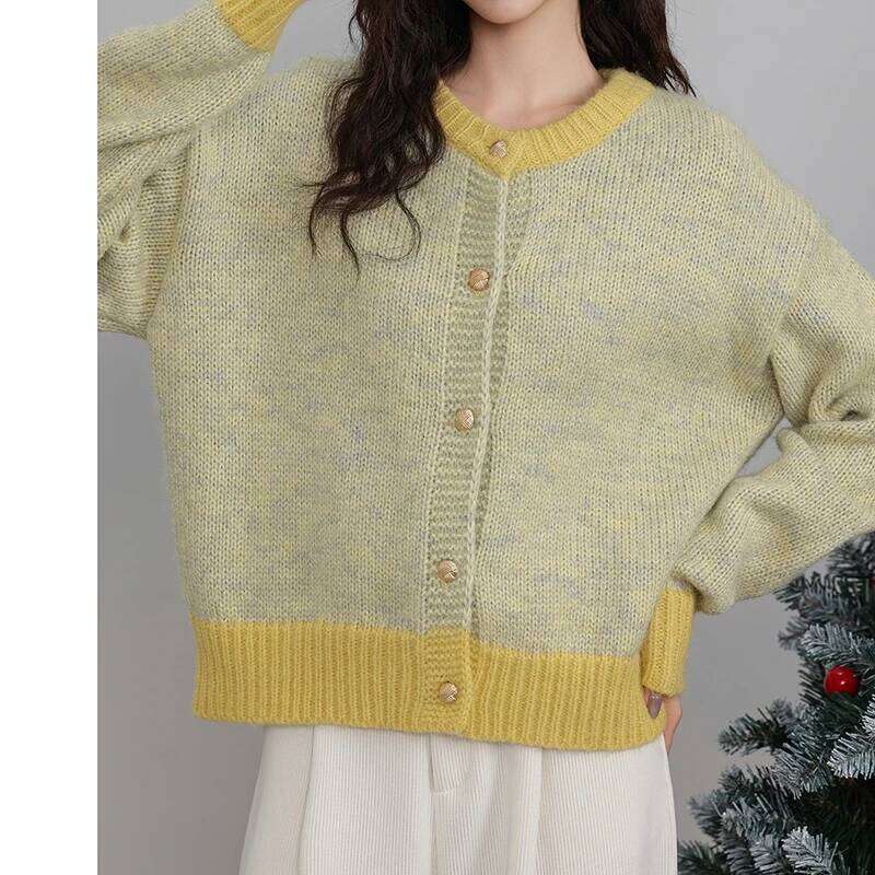 ITOOLIN Single-breasted Cardigan Long Sleeve Patchwork Knitted Sweater O-Neck Casual Warm Coat Office Outerwear Autumn Winter Z260314