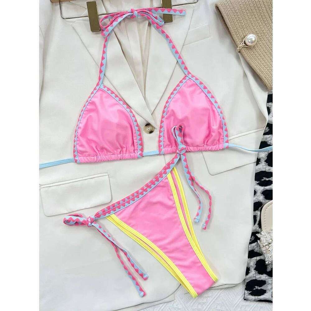 Sexy Triangle Bikini 2024 Women Two-Piece Pink Suspender Halter Push Up Micro Swimsuit Bathing Suit Thong Swimwear Y184 Y260303