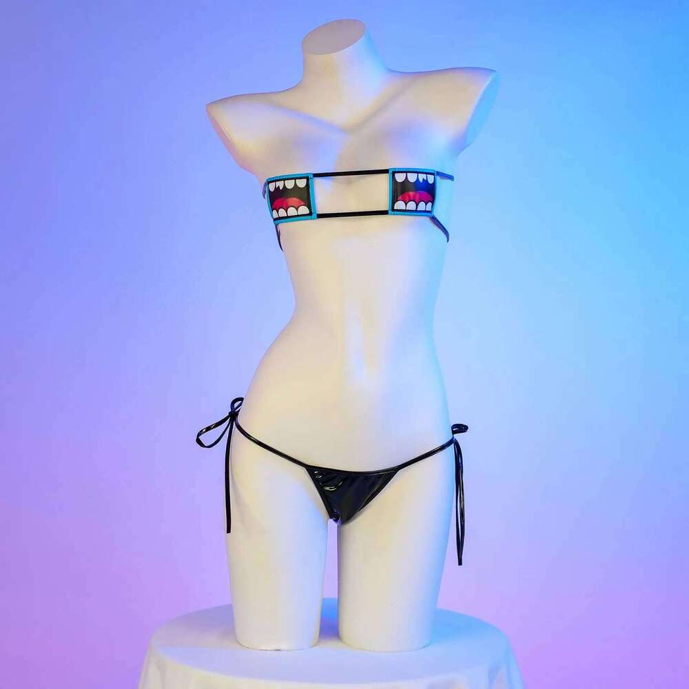 Mouth Printed Bikini Black Lacquer Leather Bandage Swimsuit Cosplay Women Anime Underwear Set Costume Y260303