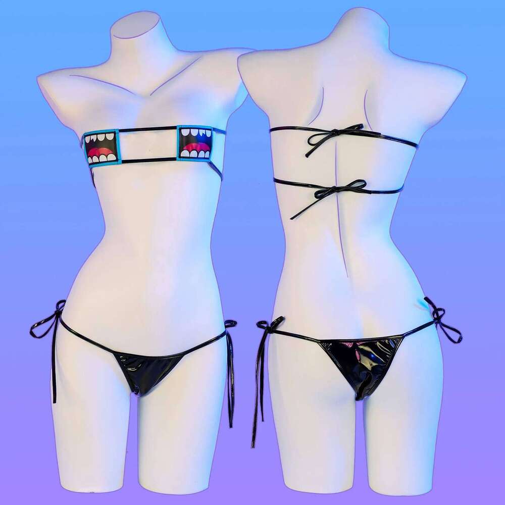 Mouth Printed Bikini Black Lacquer Leather Bandage Swimsuit Cosplay Women Anime Underwear Set Costume Y260303