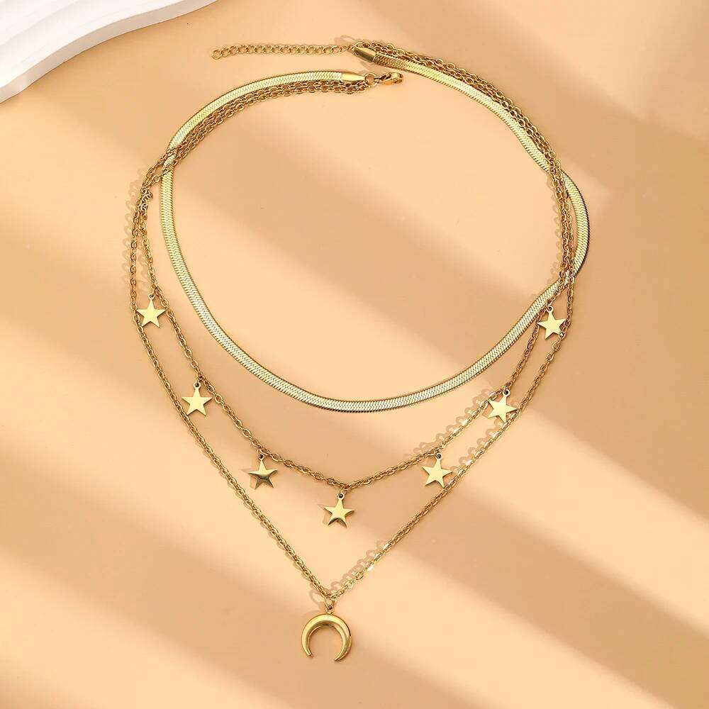 DOTIFI Stainless Steel Star And Moon Pendant Flat Snake Multi-Layer Layered Necklace Fashionable Unique Collarbone Chain H260312
