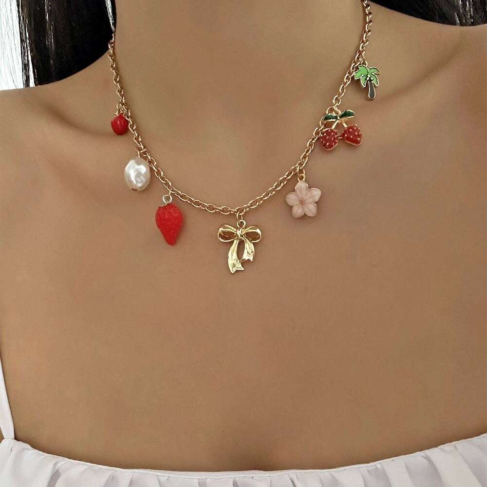 Y2K Sweet Cherry Strawberry Pendant Necklace For Women Dainty Cute Fruit Bow Charms Clavicle Chain Fashion Jewelry Accessories H260312