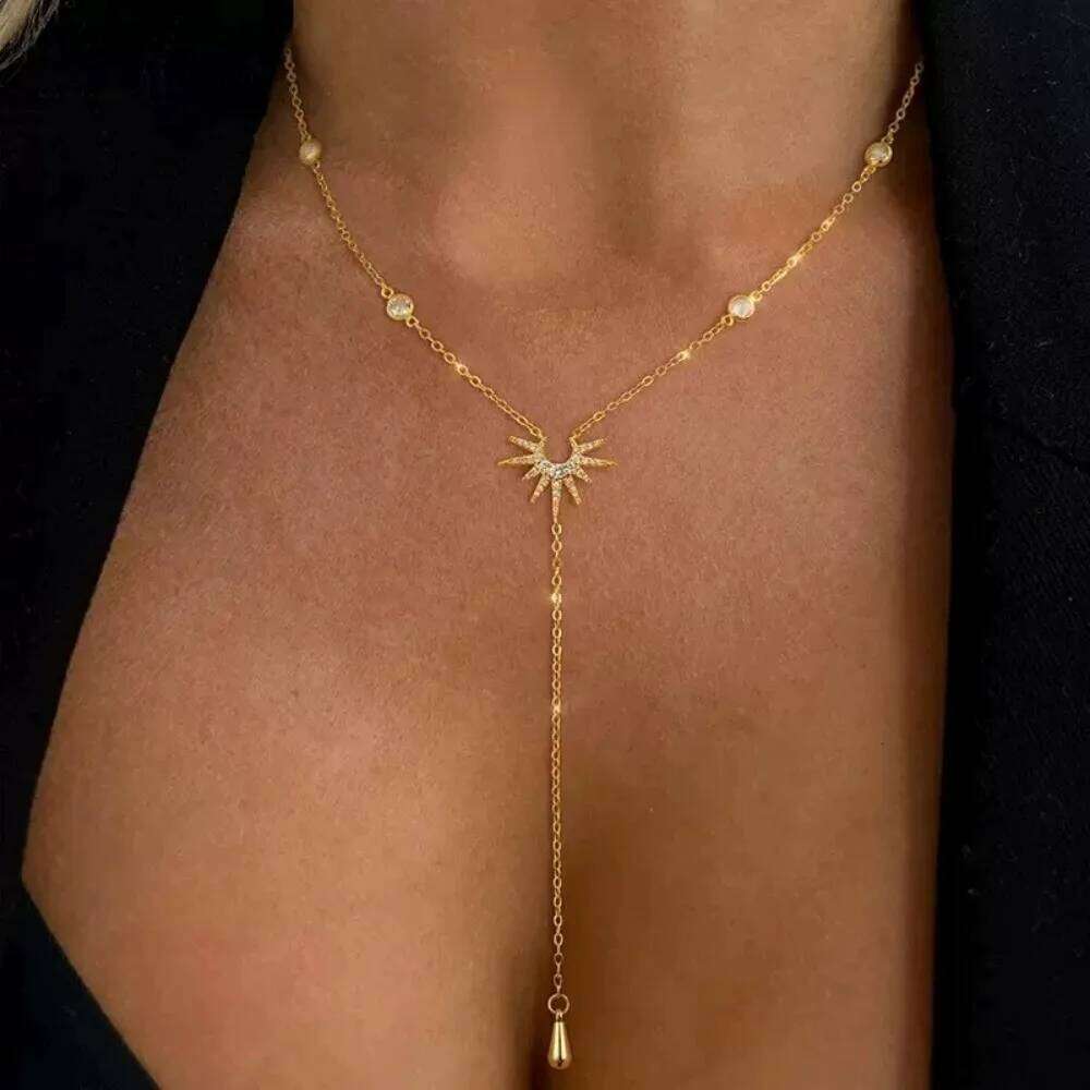 Fashion Gold Color Y-Shaped Pendant Necklaces for Women Girls Cubic Zirconia Long Tassel Dangle Choker Jewelry 2025 Gifts H260312