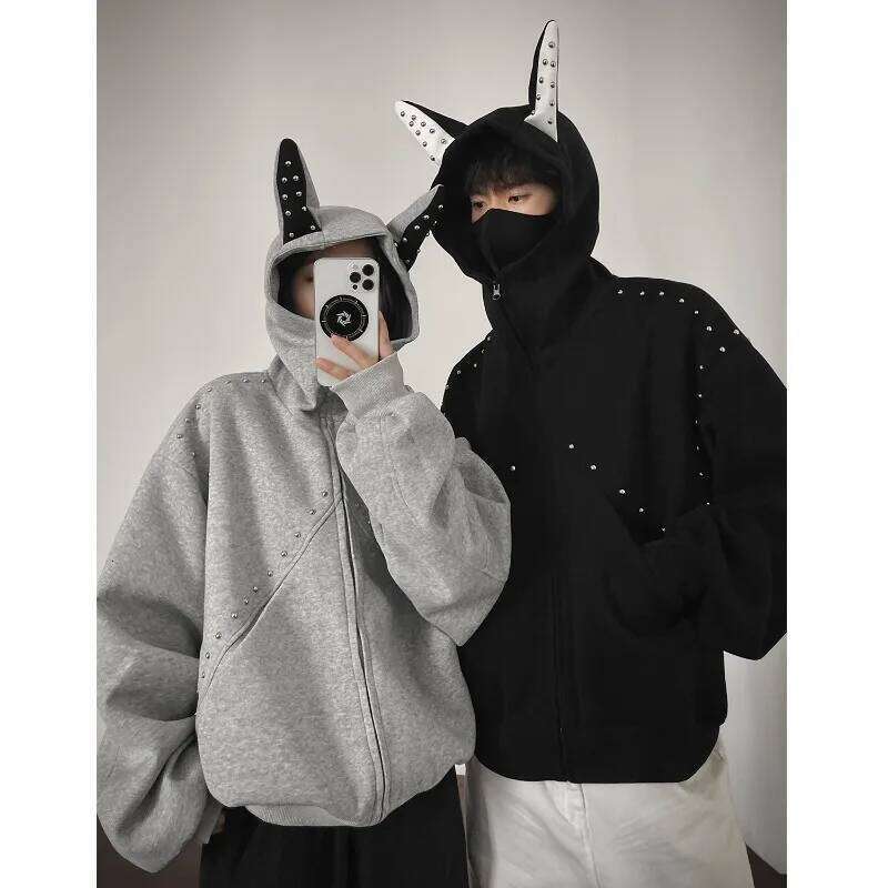 Tide Street Rivets Ear Design Zipper Jackets Punk Style Men's Hoodie Jacket Loose Fit Couple Hooded Cardigan Z260315
