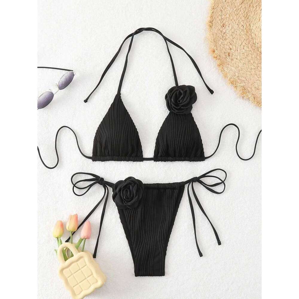 2026 Triangle String Bikinis Women 3D Floral Swimwear Female Sexy Swimsuit Solid Bathers Bathing Swimming Swim Suit Beachwear Y260303