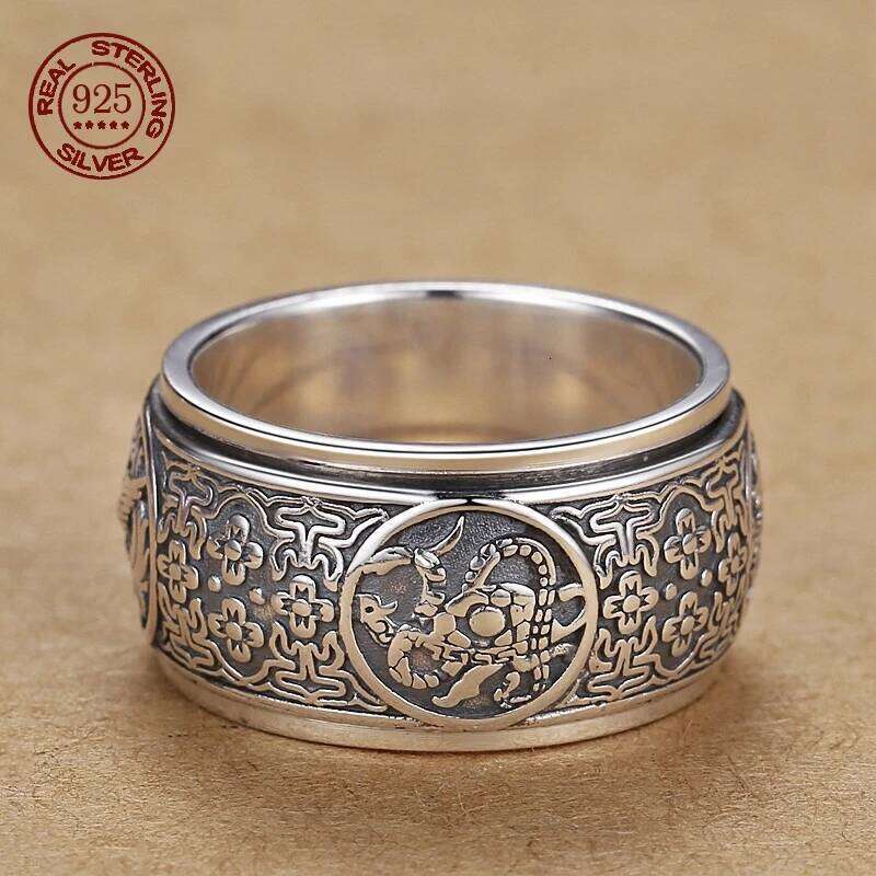 Simple S925 Sterling Silver Rotatable Beast Men's Overbearing Vintage Engraved Ring Boyfriend Birthday Gift Jewelry H260312
