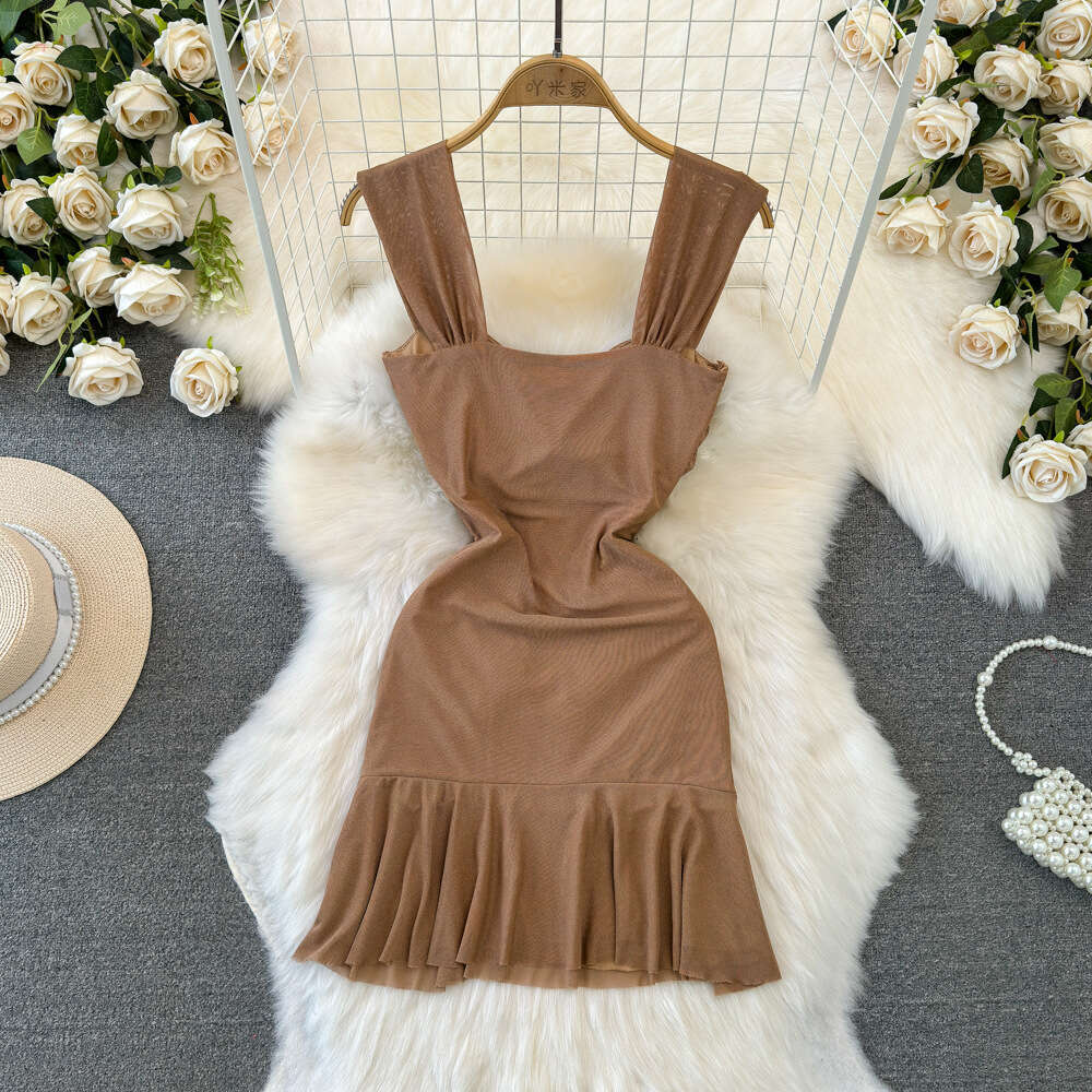 2026 French Elegant Women's Sexy A12 Mesh Ruffle Strap Skirt Waist Slimming and Wrinkle Details