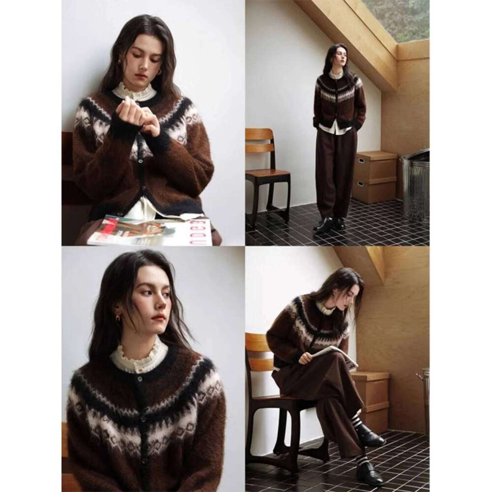 Nordic Style Womens Knitted Cardigan Sweater Alpaca Wool Retro Winter Autumn Color Block Jacquard Long Sleeve Casual Top Z260313