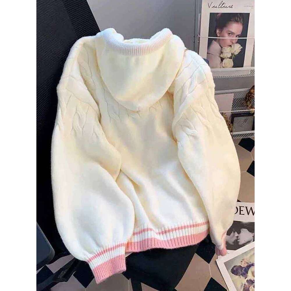 Cute Sweet Cardigan Sweaters Women Lazy Wind White Knitted Coats Long Sleeve Loose Female Japan Kawaii Elegant Hooded Tops Z260313