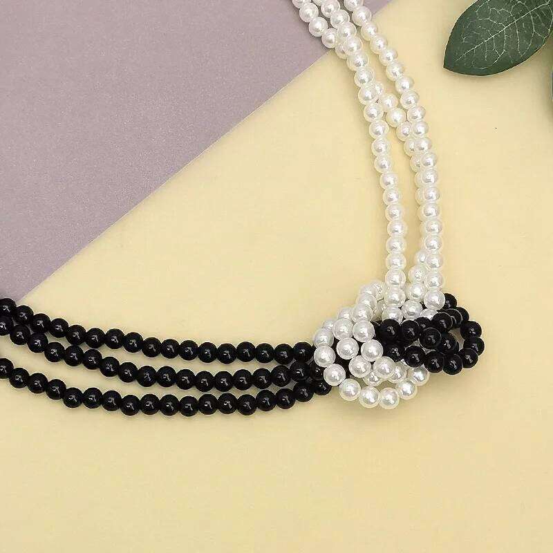 Women's Chic Layered Elegant & Beaded Pearl Necklace Black and White Yin Yang Knotted Design Statement Jewelry H260312