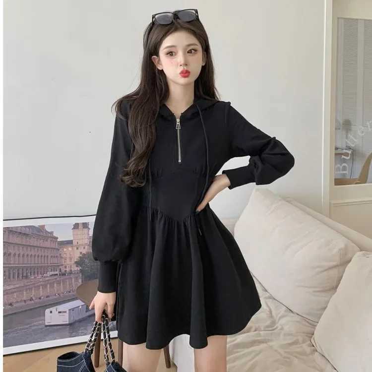 Plus Size Black Hooded Casual Dress Womens Autumn Winter Slimming A- Line Short Skirt Waist-Cinching Comfortable Polyester FibeT260314
