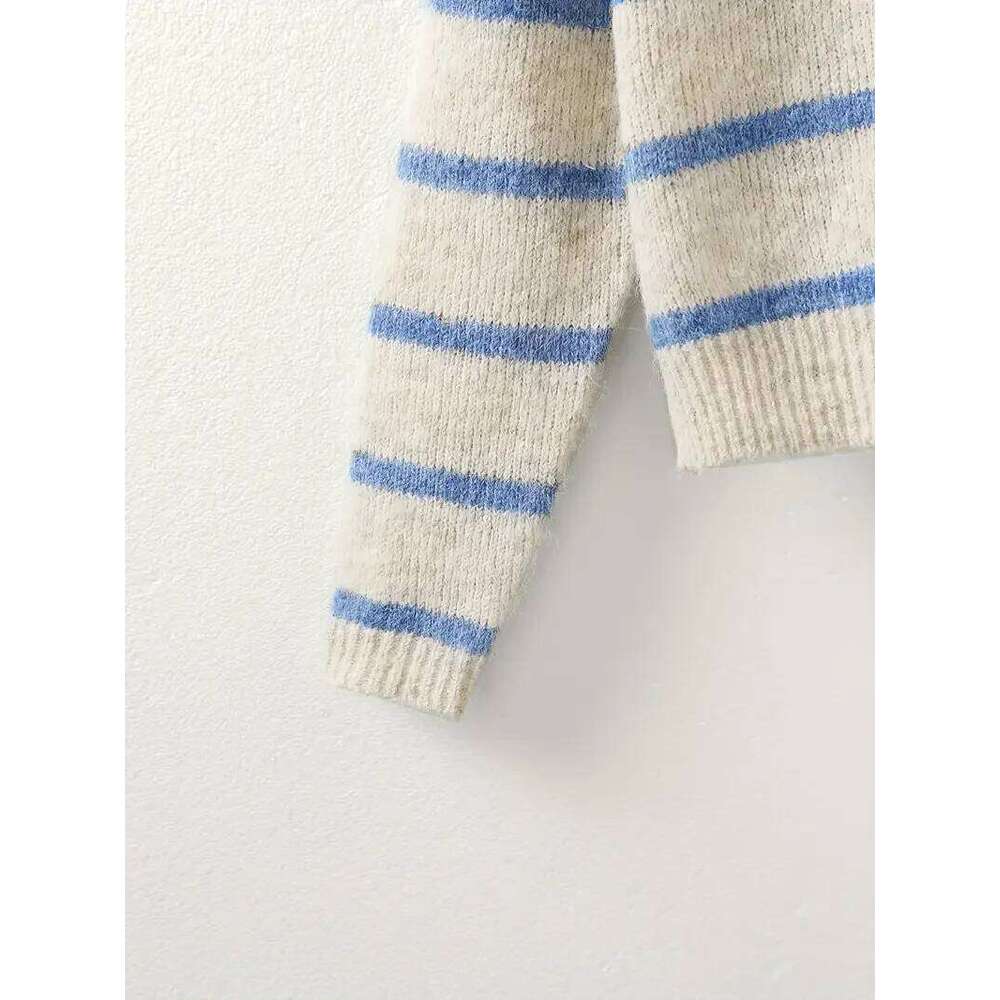 Women's Fashion Casual POLO Collar Striped Knitted Hoodie Soft and Comfortable Intercolor Sweater Z260314