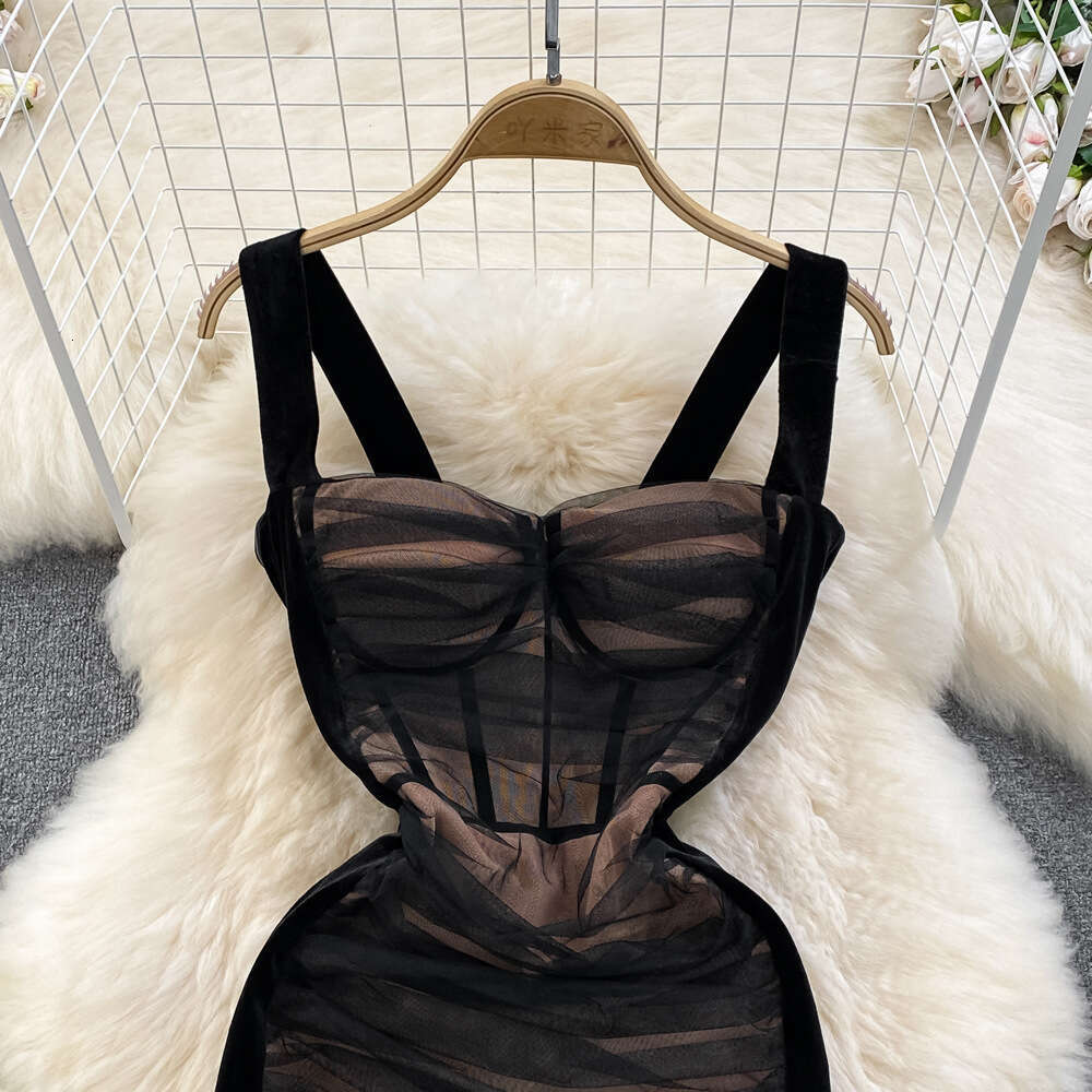 Cross-border hot girl style strapless dress, summer fashion mesh pleated elastic slim-fit bodycon dress