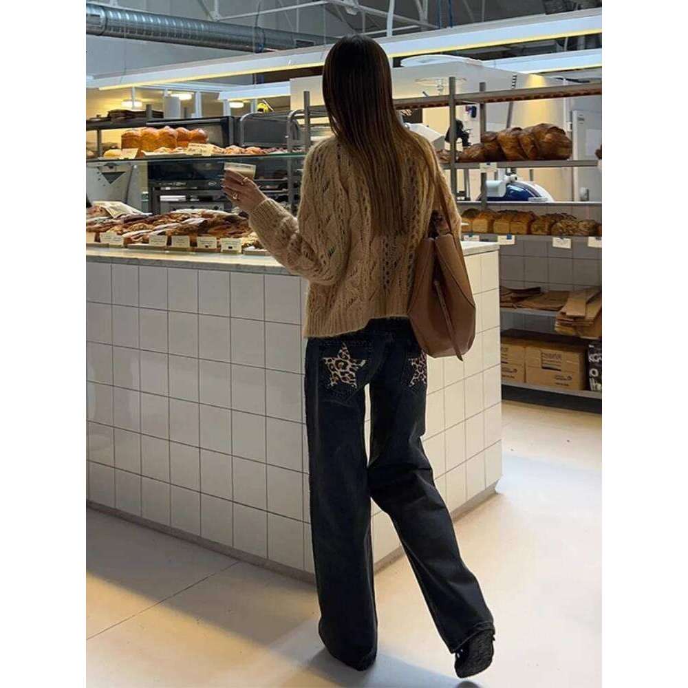 HOUZHOU Y2k Black Vintage Leopard Star Patchwork Women Jeans Punk Rivet American Style Straight Denim Trousers Baggy High Street Z260313